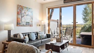 Smart TV, fireplace, books, stereo