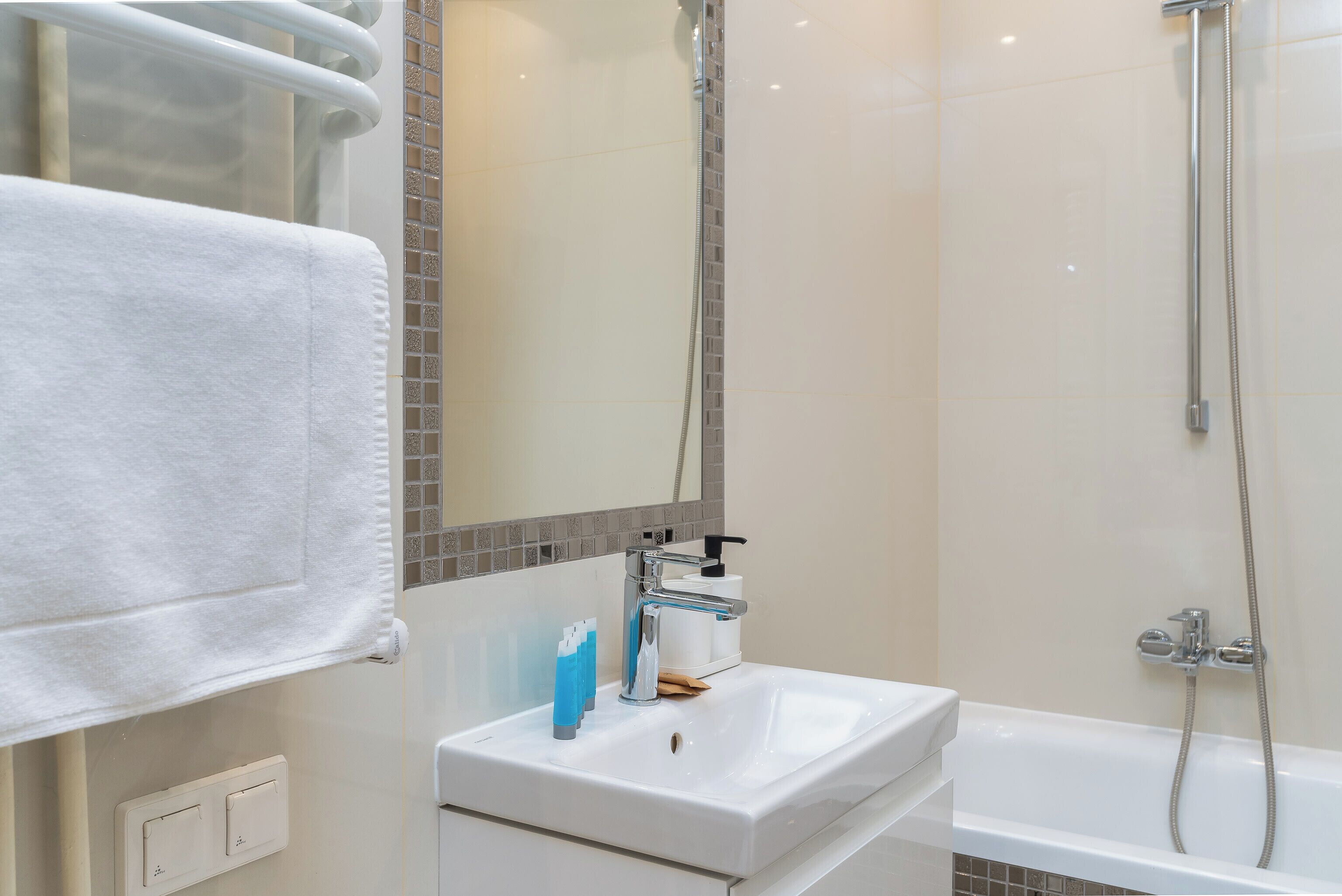 Hair dryer, towels, soap, shampoo