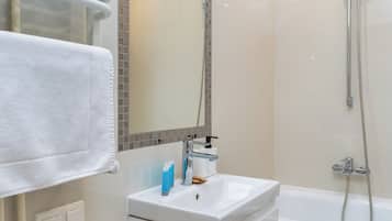 Hair dryer, towels, soap, shampoo