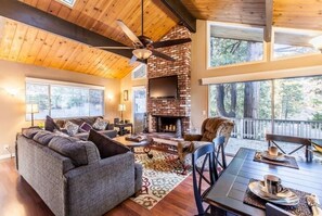 Smart TV, fireplace, books