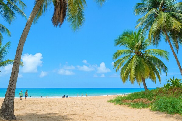 En la playa y camastros