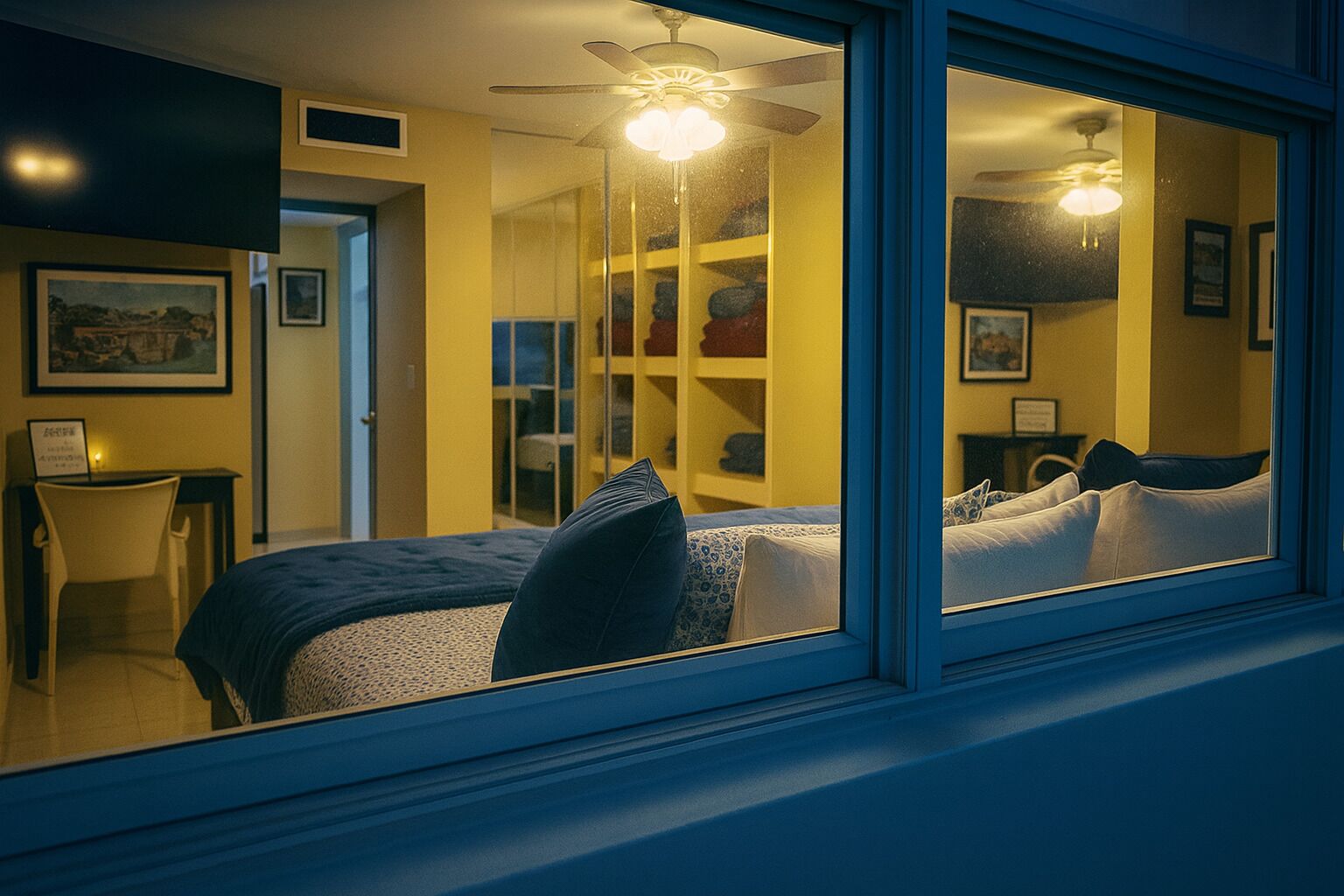 Une chambre à coucher avec un lit, un bureau et une chaise. On y trouve un placard avec des étagères et un ventilateur de plafond.