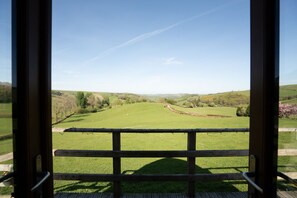 Vista a través de una ventana de madera de un campo verde con cielo despejado.
