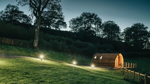 A wooden cabin with a sloped roof, surrounded by a grassy field and trees. - Rural Welsh Cabin with Spectacular Views (Knighton)