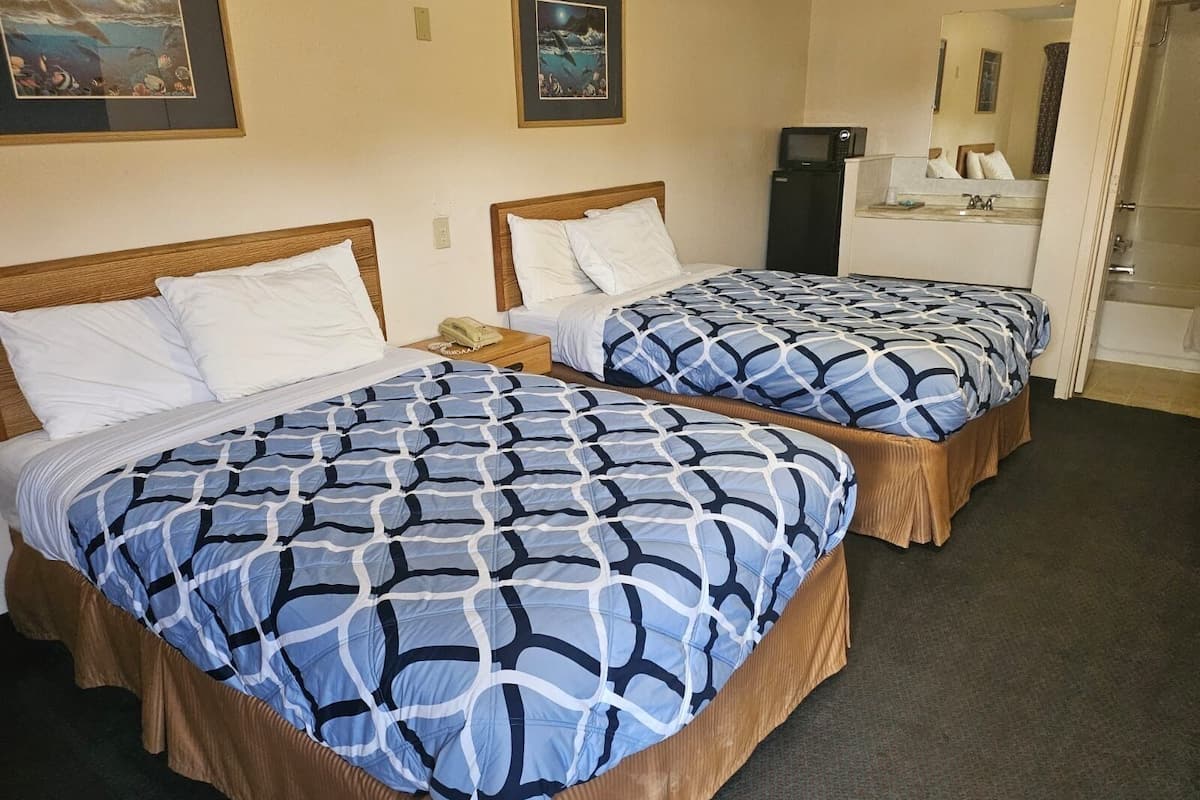 A hotel room with two beds, each with a patterned bedspread, a bedside table with a lamp, and a small desk with a microwave.