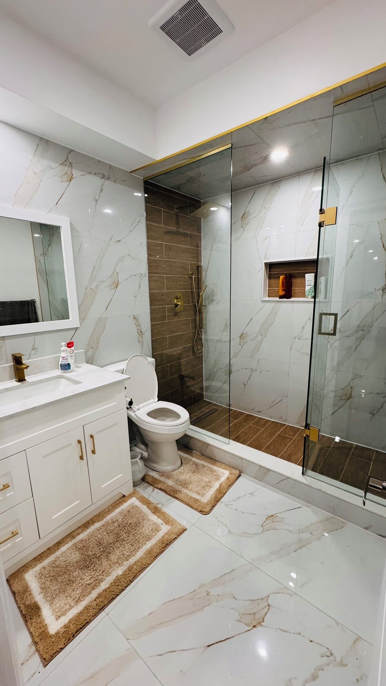 Hair dryer, towels, soap, toilet paper