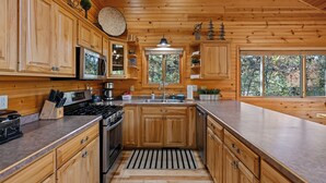 Eine Holzhütte mit einer Kücheninsel, eingebauten Geräten und großen Fenstern.