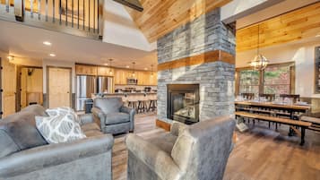 Smart TV, fireplace, video games, foosball