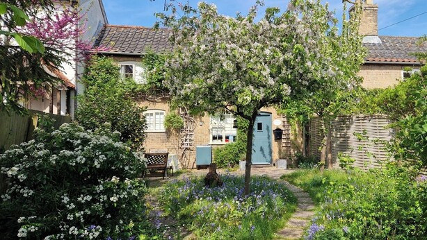 A garden with a pathway leading to a blue door, surrounded by flowering plants and a bench. - Blythburgh Cottage, Yoxford (Yoxford)