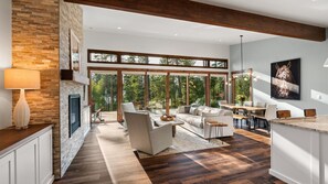 Smart TV, chimenea y libros 