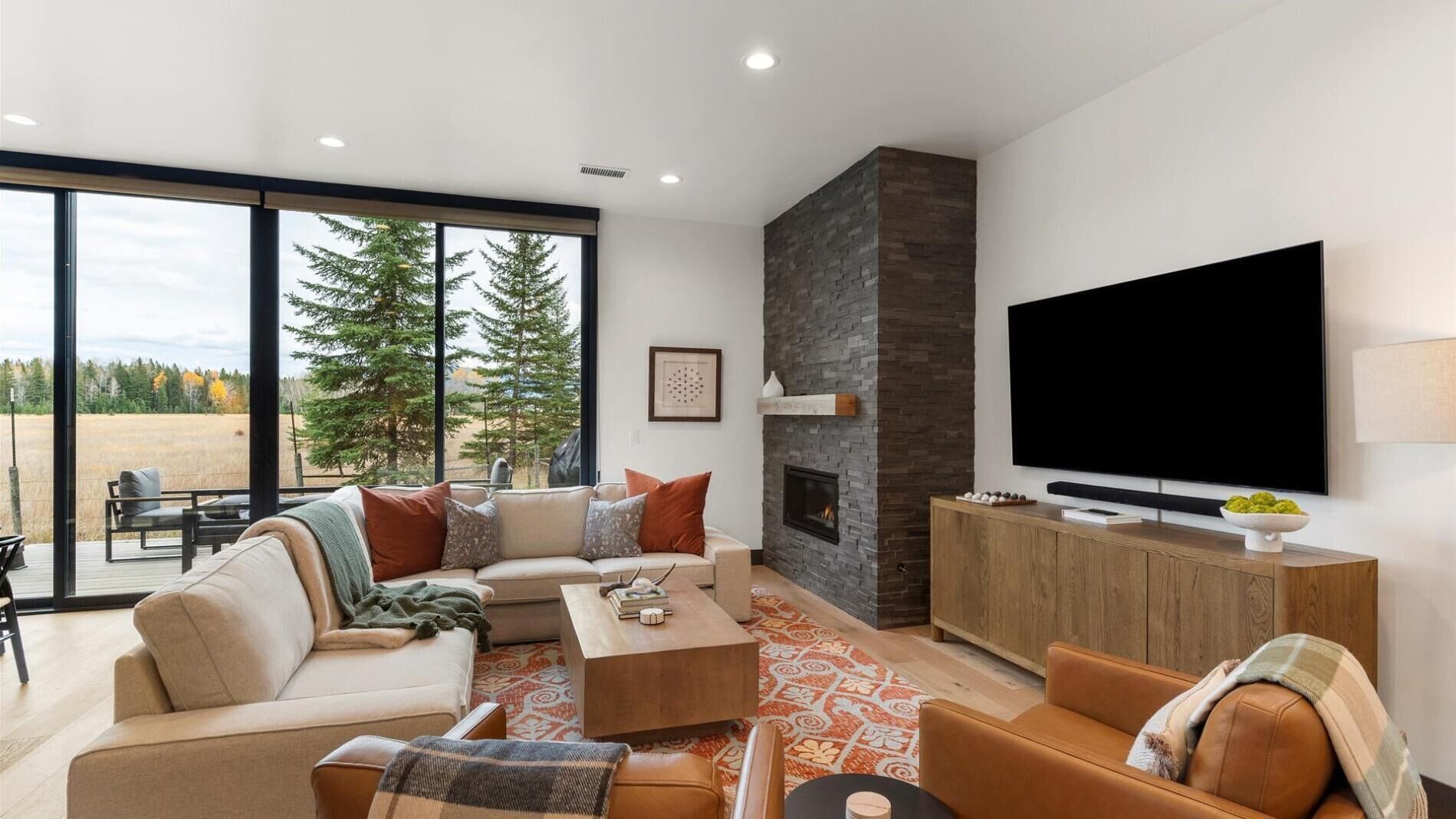 Smart TV, fireplace, books, offices