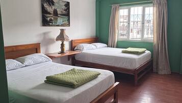 Una habitación con dos camas de madera, un candelabro, un cuadro y una ventana con cortinas.
