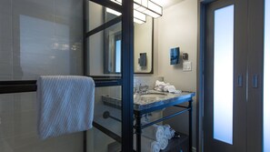Hair dryer, towels, soap, shampoo