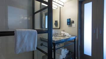 Hair dryer, towels, soap, shampoo