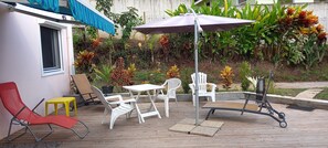 Terrace/patio - Seasonal rental 2 rooms, "Flamboyant", Mamisse district, Le Marin. (LE MARIN)