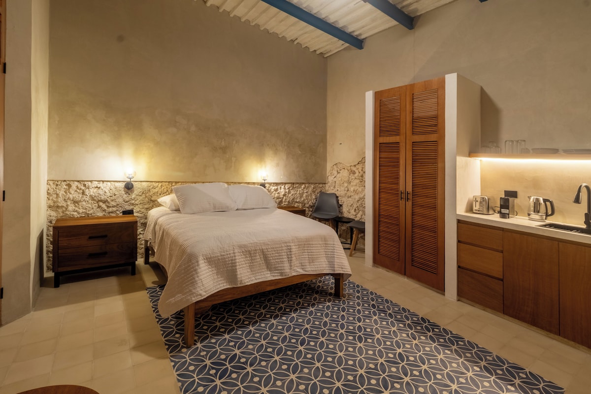 Ein Schlafzimmer mit einem Bett, Nachttischen, einem Schrank, einem gemusterten Teppich und einer Küchenzeile mit Spüle und Geräten.