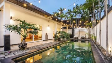 Outdoor pool, pool umbrellas, pool loungers