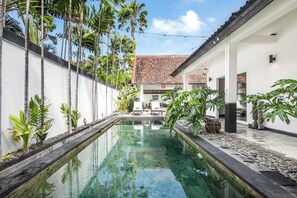 Ein Pool mit einer gefliesen Überdachung und weißen Wänden, umgeben von Pflanzen und einigen Liegestühlen.