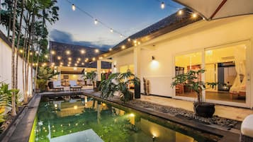 Outdoor pool, pool umbrellas, pool loungers