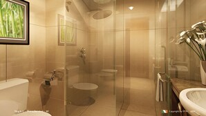 A modern bathroom with a glass-enclosed shower, a toilet, and a sink. - Bac Kinh Hotel Vinh - by BAY LUXURY (Vinh Phu)