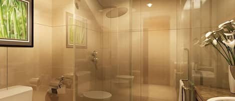 Shower, hair dryer, slippers, towels