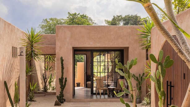 Een binnentuin met een zwembad, cactussen en een terras met stoelen.