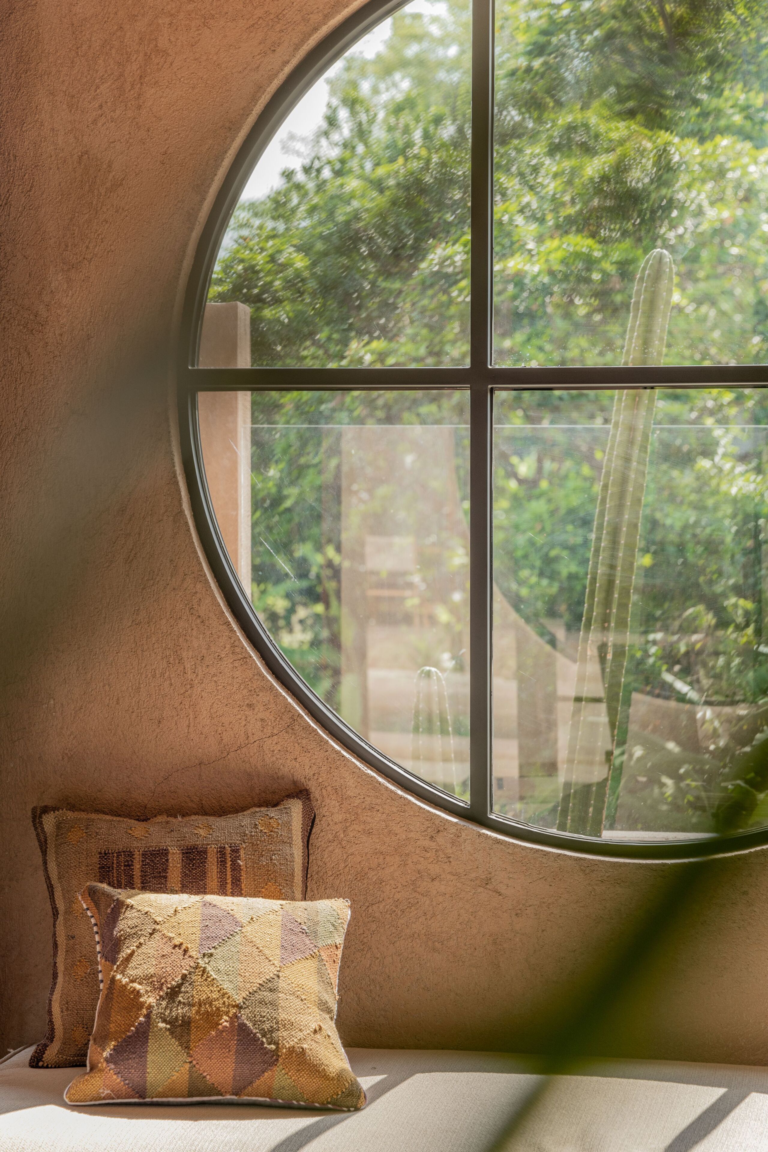 A round window with a view of a cactus and greenery outside.