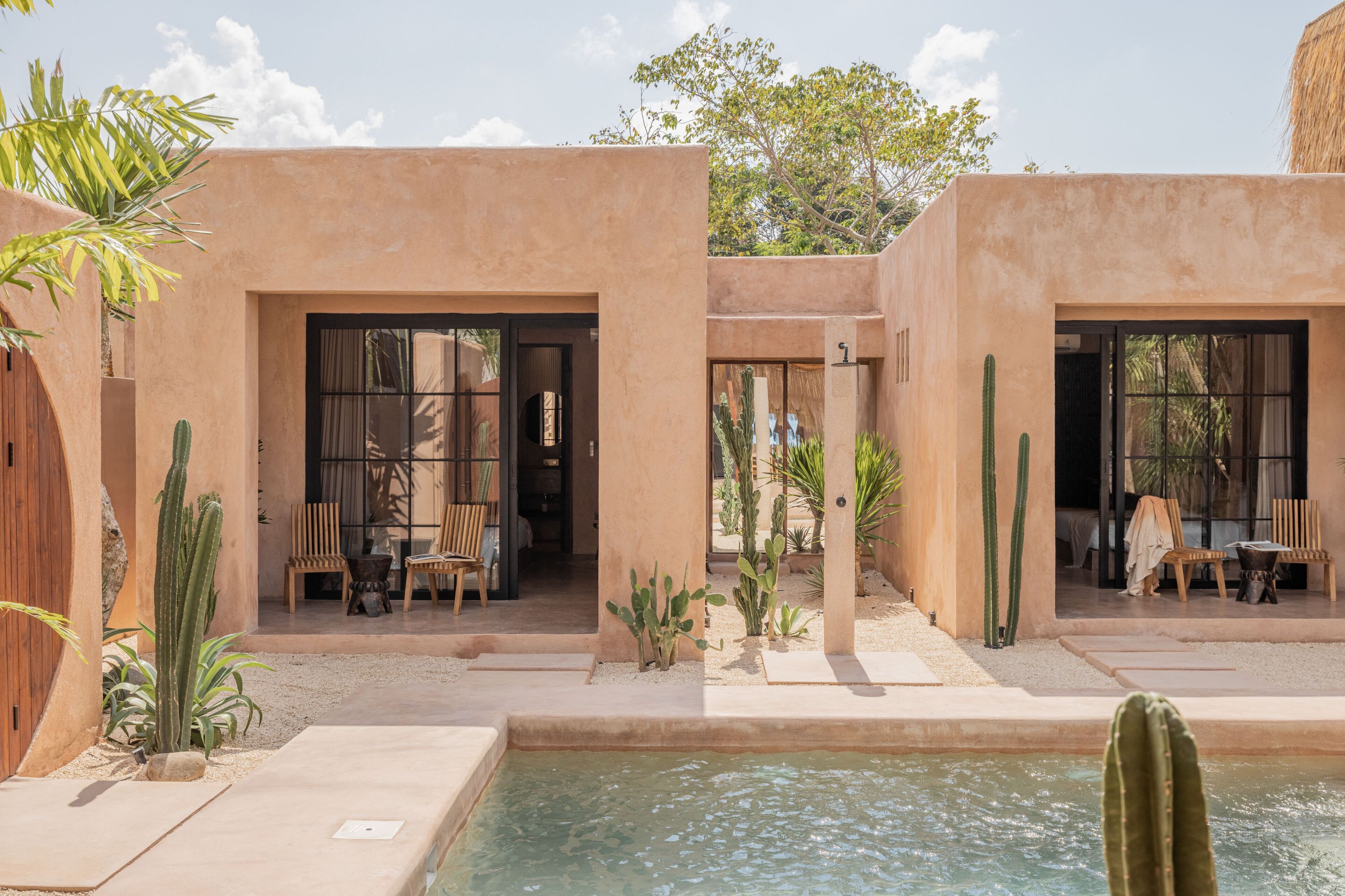 A courtyard with a pool, cacti, and wooden furniture.