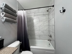 Towels, soap, shampoo, toilet paper