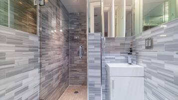 Hair dryer, towels, soap, shampoo