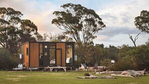 A modern, compact cabin with a wooden exterior, situated in a grassy area with trees in the background. - Hollow Mountain Getaway 1 by Tiny Away (Laharum)