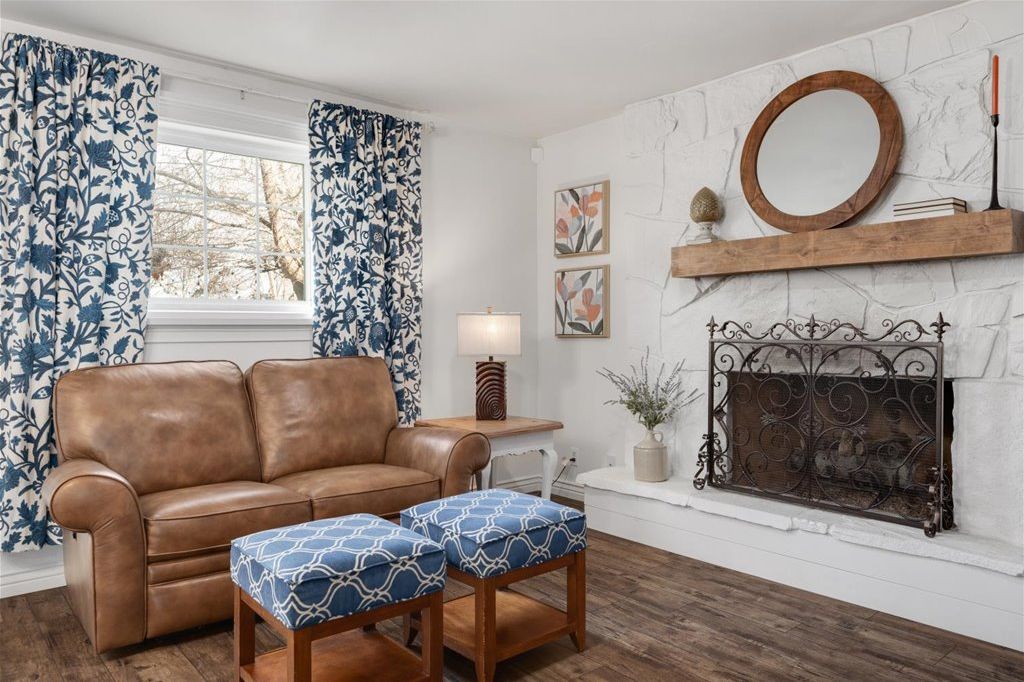 Fireplace nook with a leather sofa