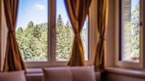 A room with a sofa facing a window overlooking a forest. - Nice apartment for 4 people with WIFI, TV, terrace and panoramic view (Brandstätter)