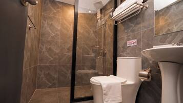 Shower, towels, soap, shampoo