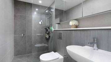 Hair dryer, towels, soap, toilet paper