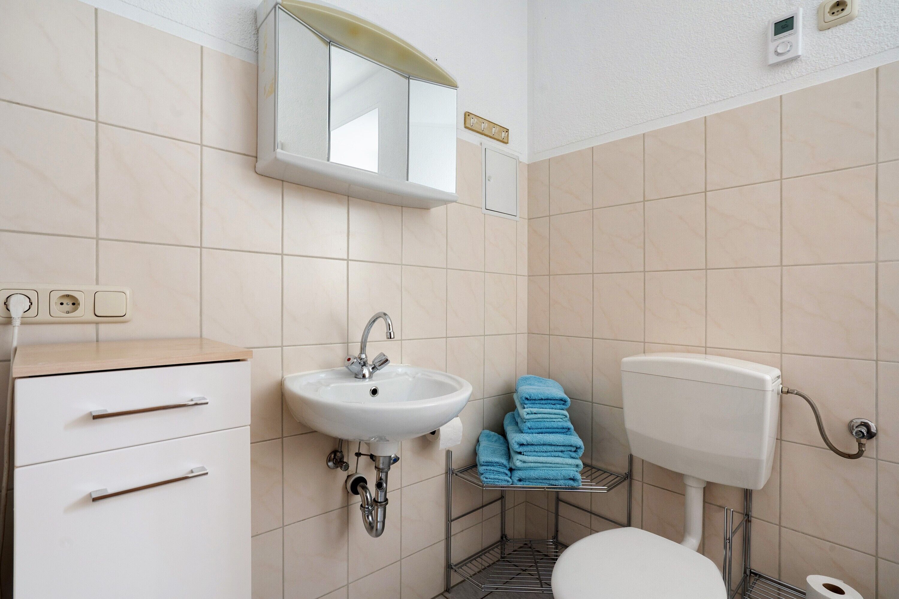 Een badkamer met een wastafel, spiegel, toilet en handdoekhouder.