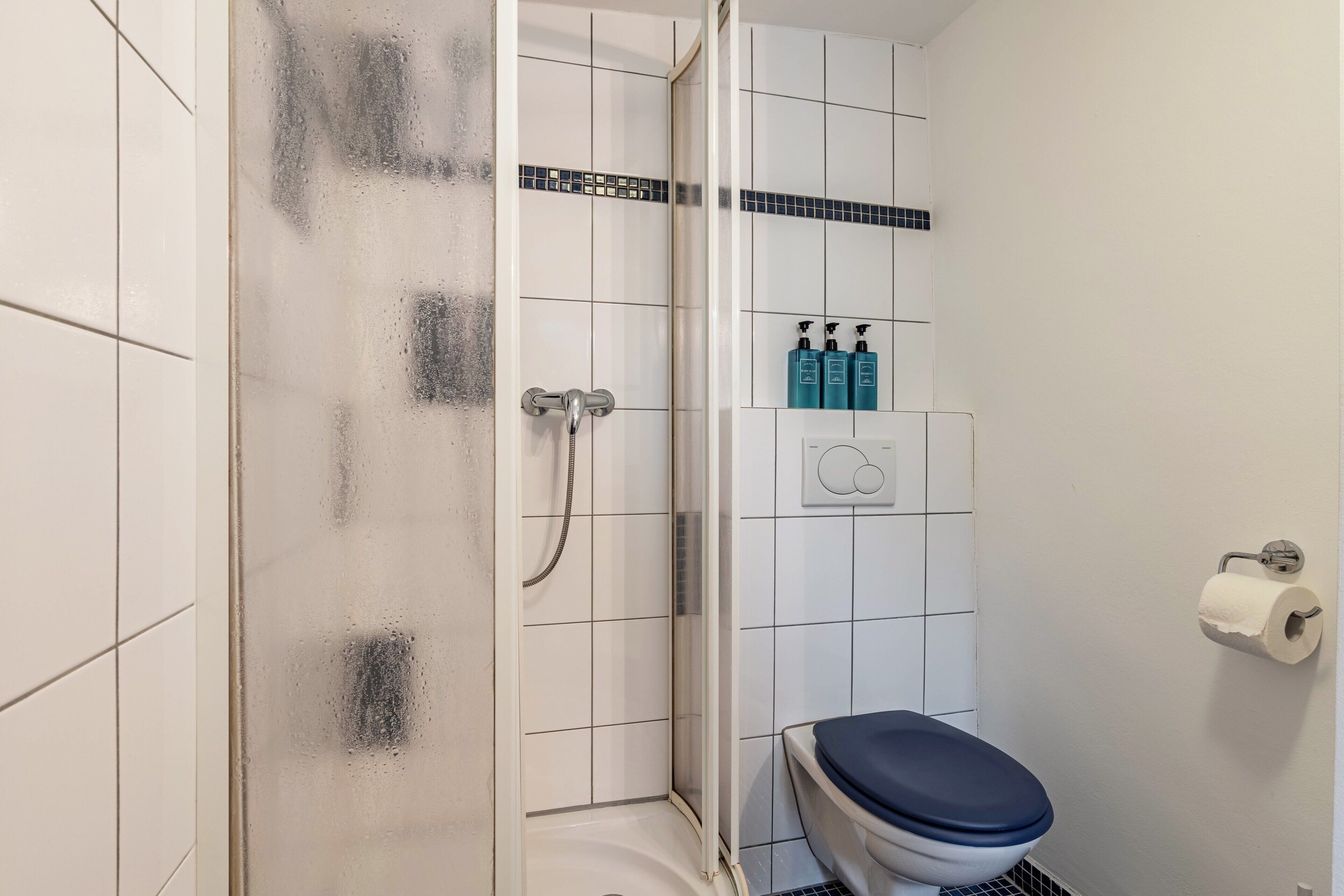 A bathroom with a shower, toilet, and a wall-mounted soap dispenser.