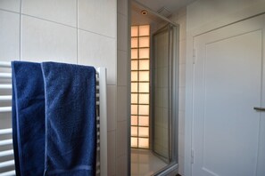 Shower, hair dryer, towels