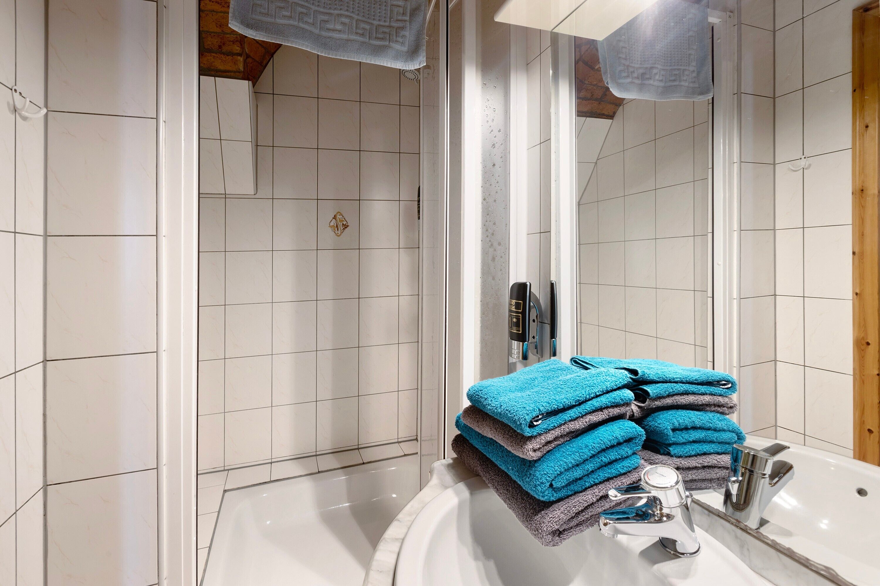 Shower, hair dryer, towels