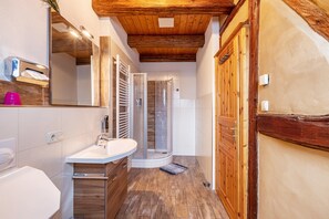 Shower, hair dryer, towels