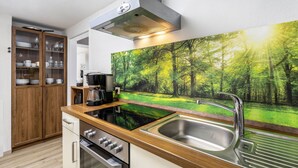 A modern kitchen with a built-in stove, a stainless steel sink, and a wooden cabinet with glass doors. - Holiday Apartments Löwenstein FeWo 1 with Private Terrace & Garden and Wi-Fi (Willingen (Upland))