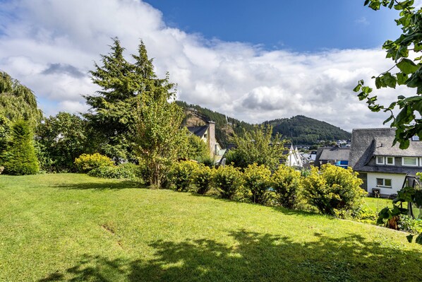 A residential area with houses, a grassy field, and a mountain in the background.
