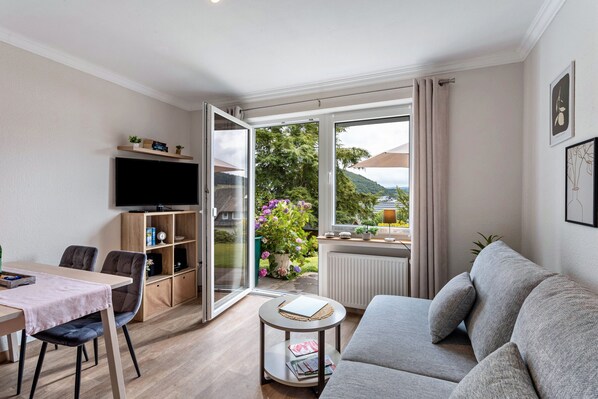 TV, DVD player - Holiday Apartments Löwenstein FeWo 3 with Private Terrace, Shared Garden and Wi-Fi (Willingen (Upland))