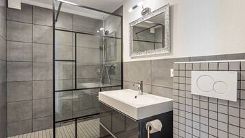 Shower, hair dryer, towels