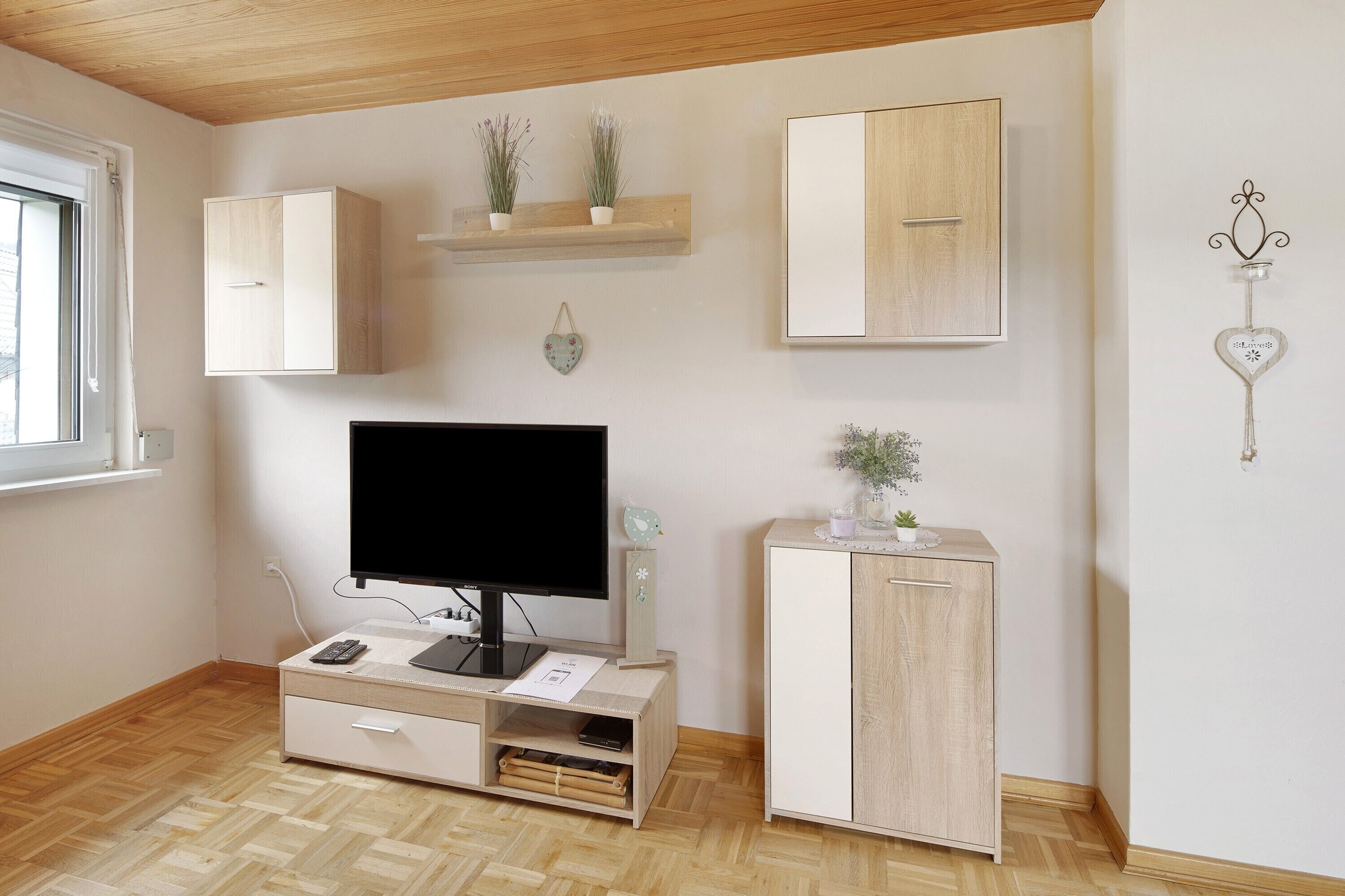 Una habitación con televisión, armarios de madera, una estantería con plantas y un adorno en la pared.