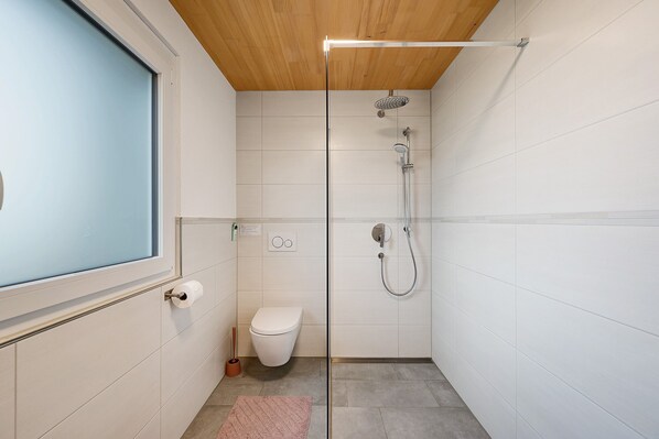 A modern bathroom with a toilet, shower, and a glass partition.