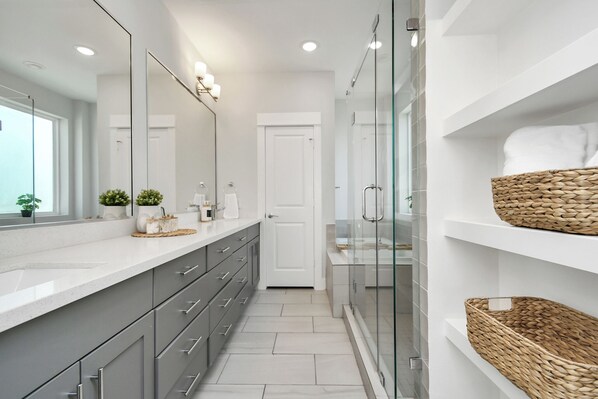 Hair dryer, towels, soap, shampoo