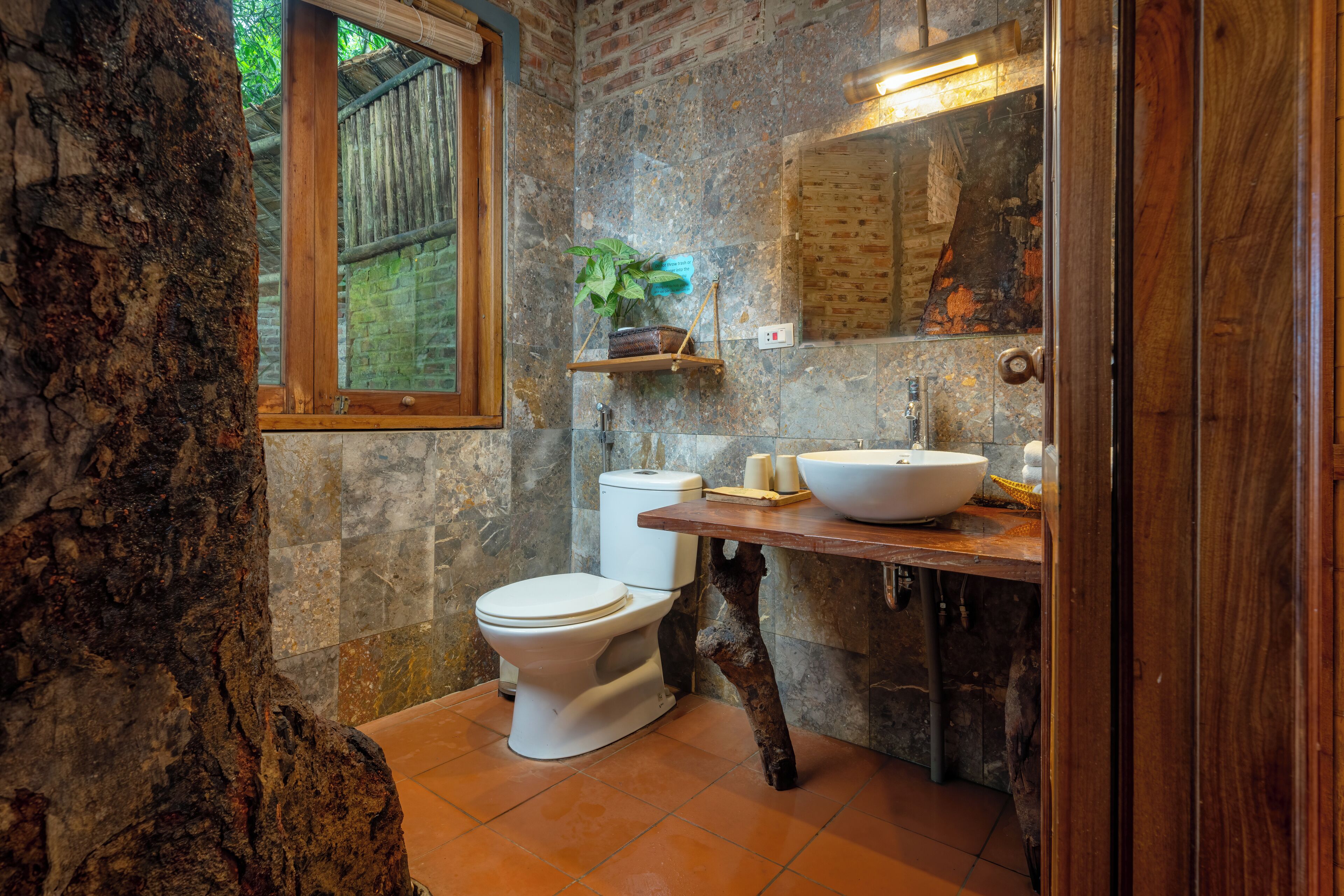 Une salle de bain rustique avec un mur en pierre, une étagère en bois ornée d’une plante, des toilettes blanches et un meuble-lavabo en bois avec un évier.