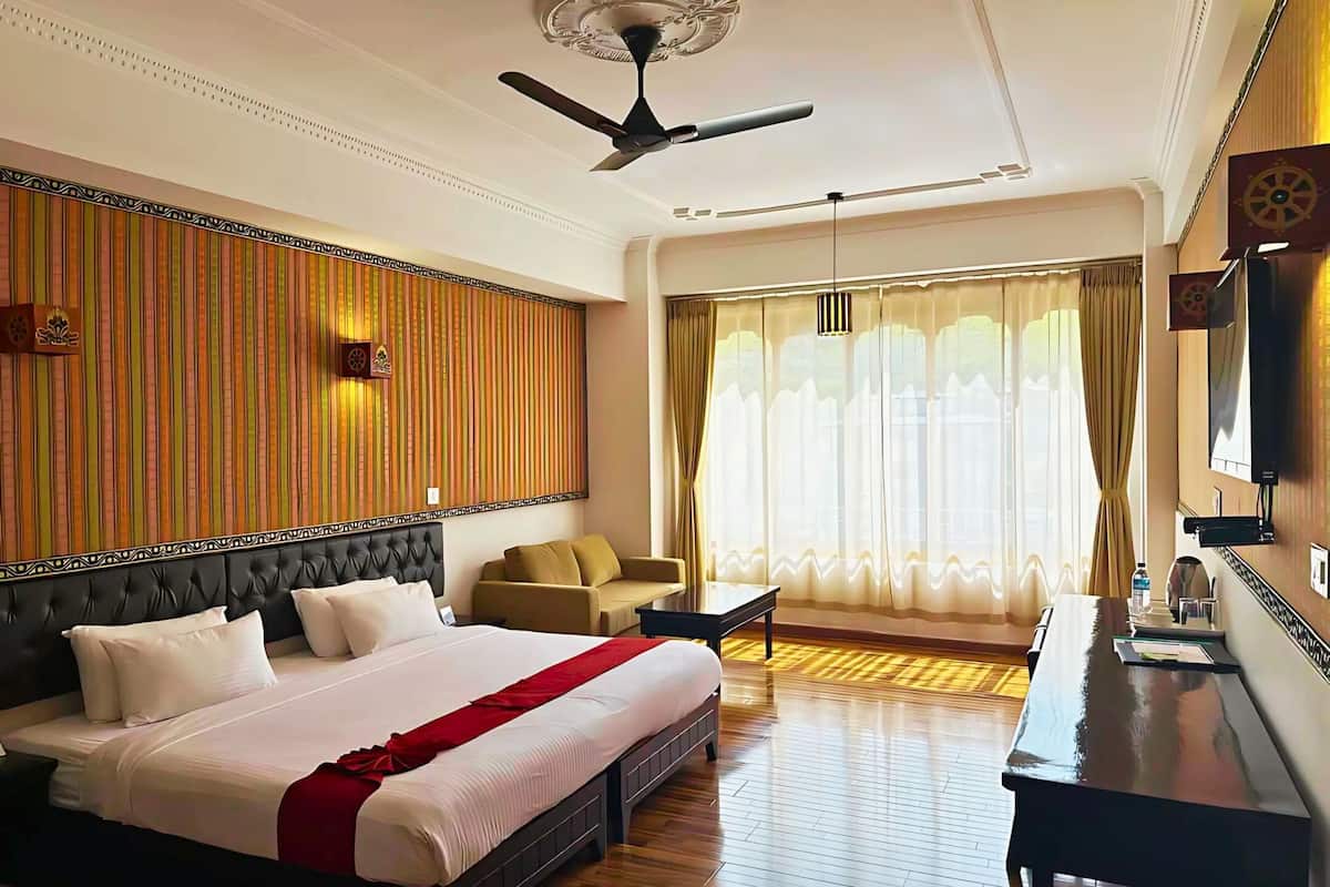 A hotel room with a large bed, a desk, a chair, a ceiling fan, and a large window with curtains.