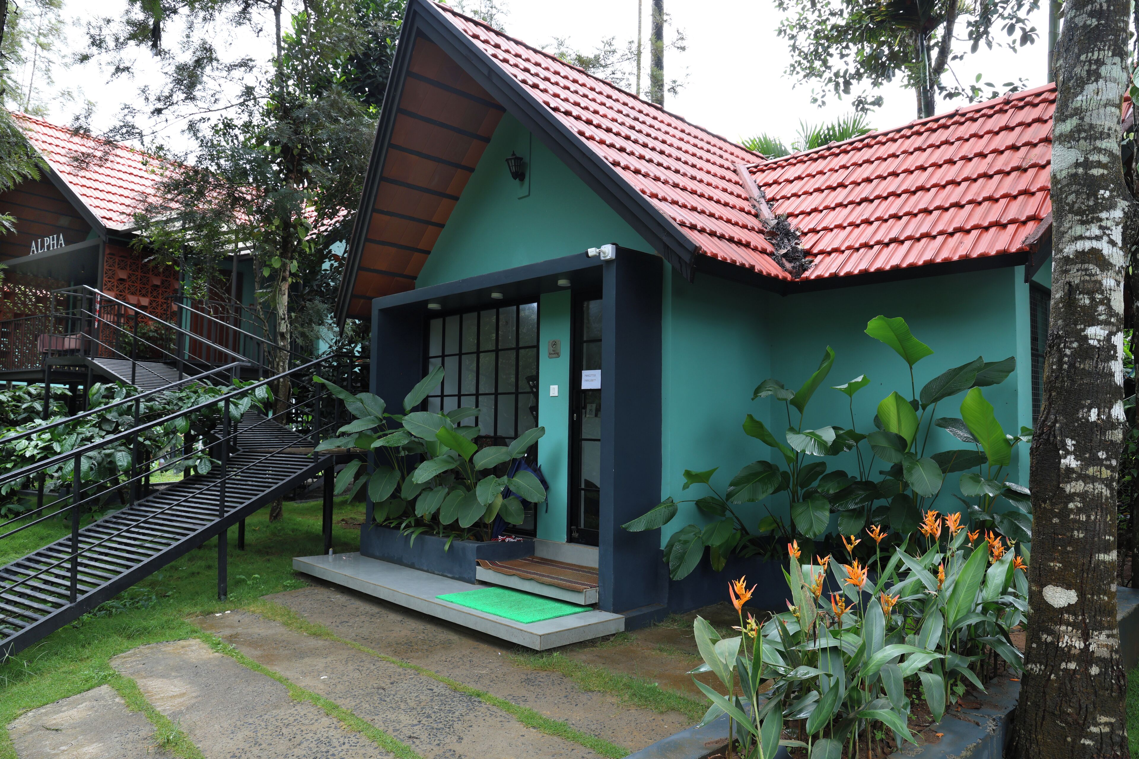A small building with a red-tiled roof, a staircase leading to a balcony, and large green plants in front.